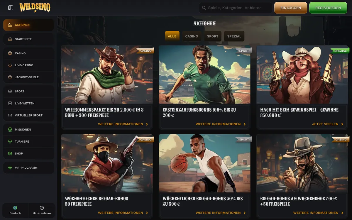 Aktionsseite von Wildsino, Screenshot vom 5. September 2026.